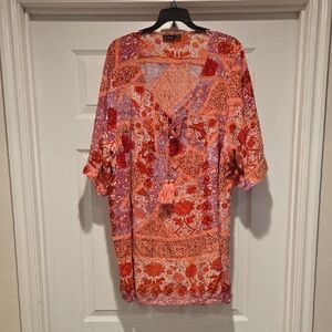 Evans Orange and Red Floral Boho Top
